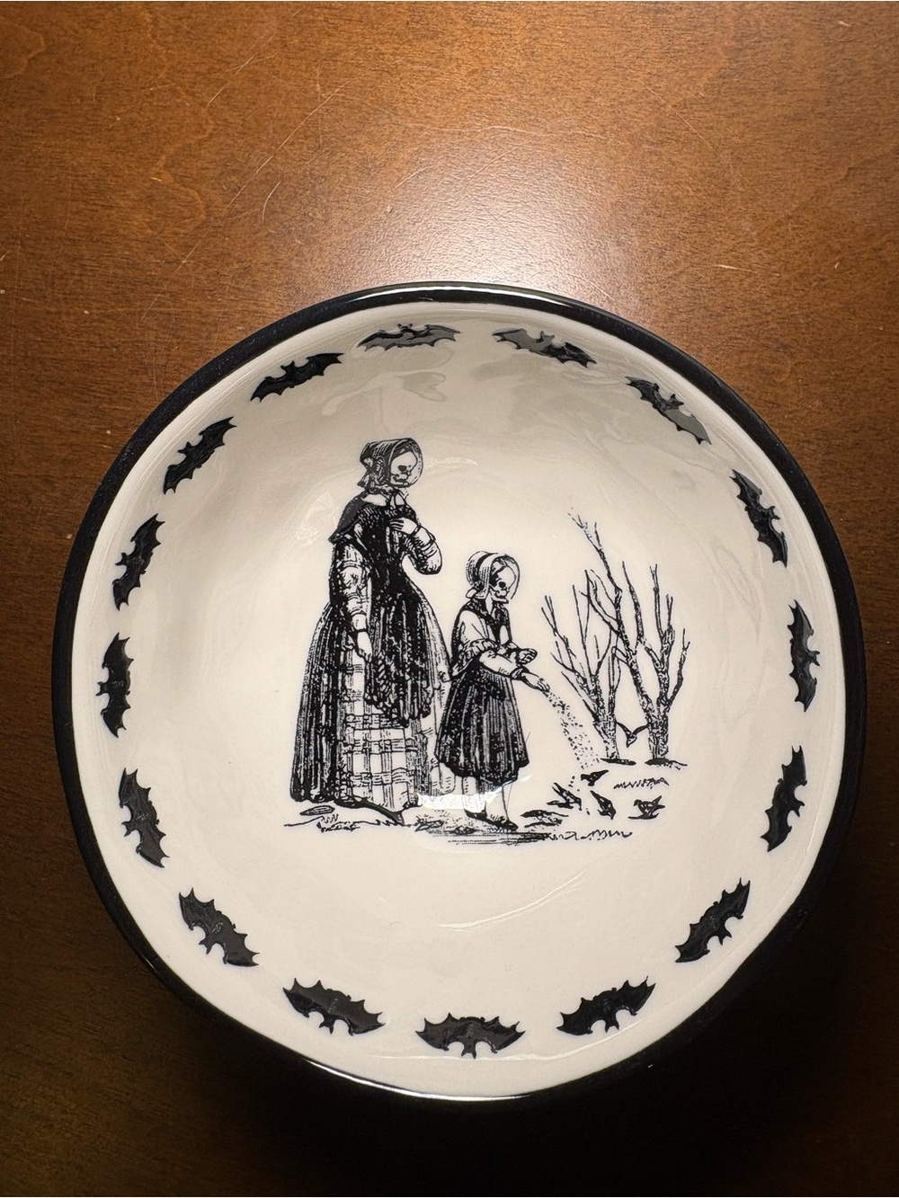 Black & White Ceramic Serving Bowl with Vintage Family Illustration
